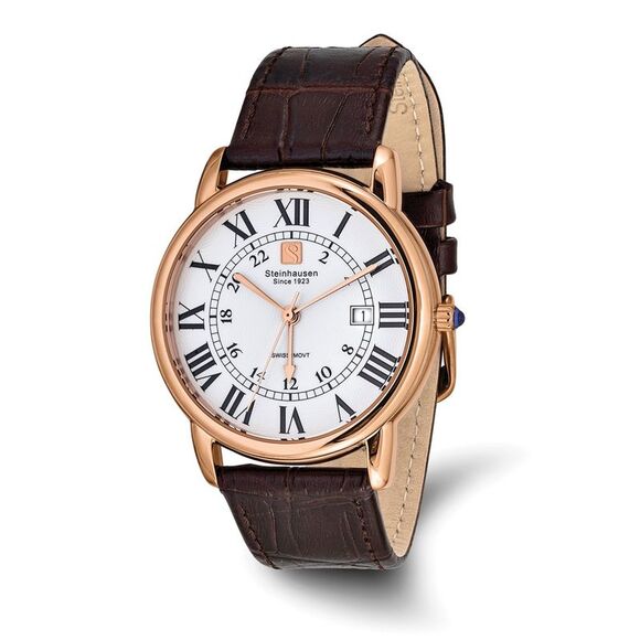 Steinhausen Mens Delemont Rose IP-plated White Dial Brown Strap Watch - Picture 1 of 2